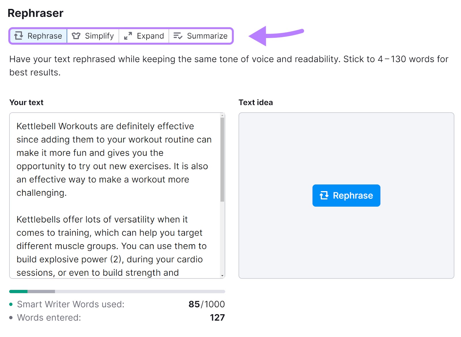 "Rephrase," "Simplify," "Expand," and "Summarize" buttons highlighted under Rephraser window
