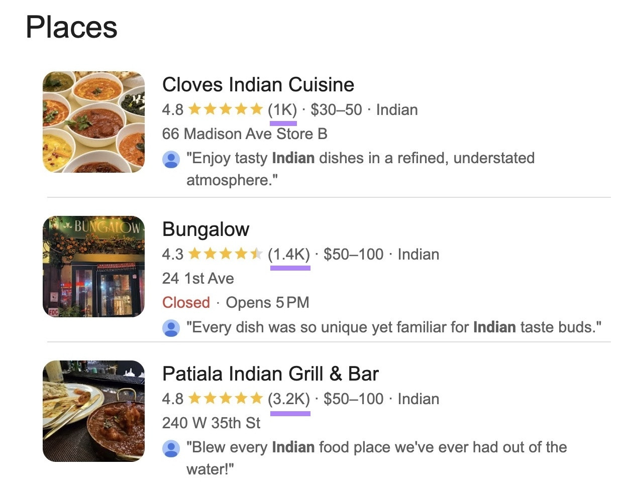 Local results on SERP with all the top ranking businesses having more than a 1,000 reviews each.