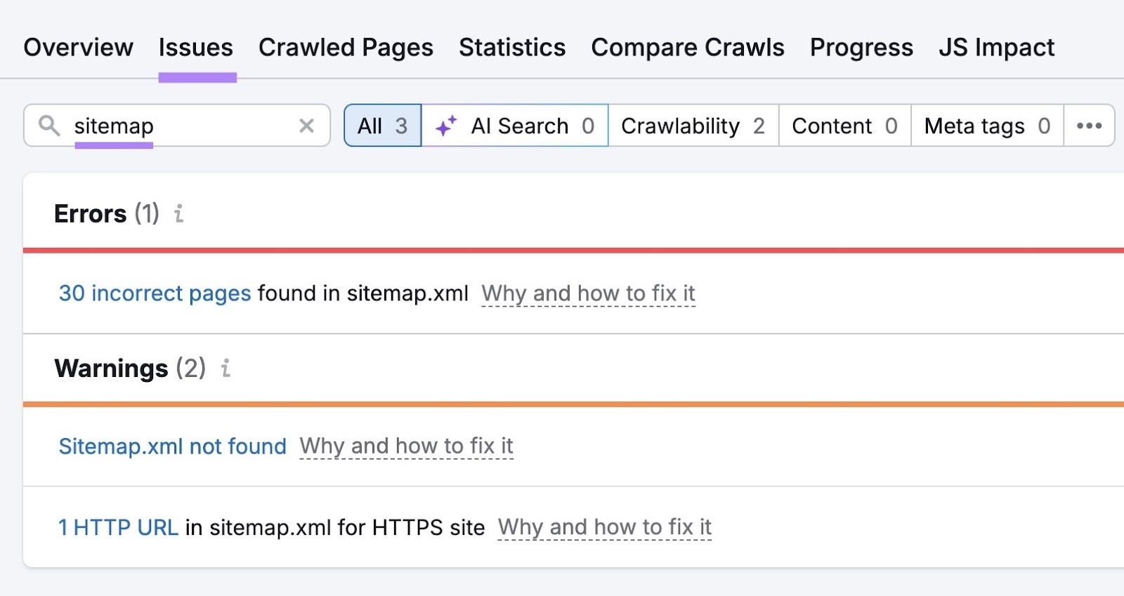 Site Audit Issues with "sitemap" entered showing a list of sitemap-related errors and warnings.