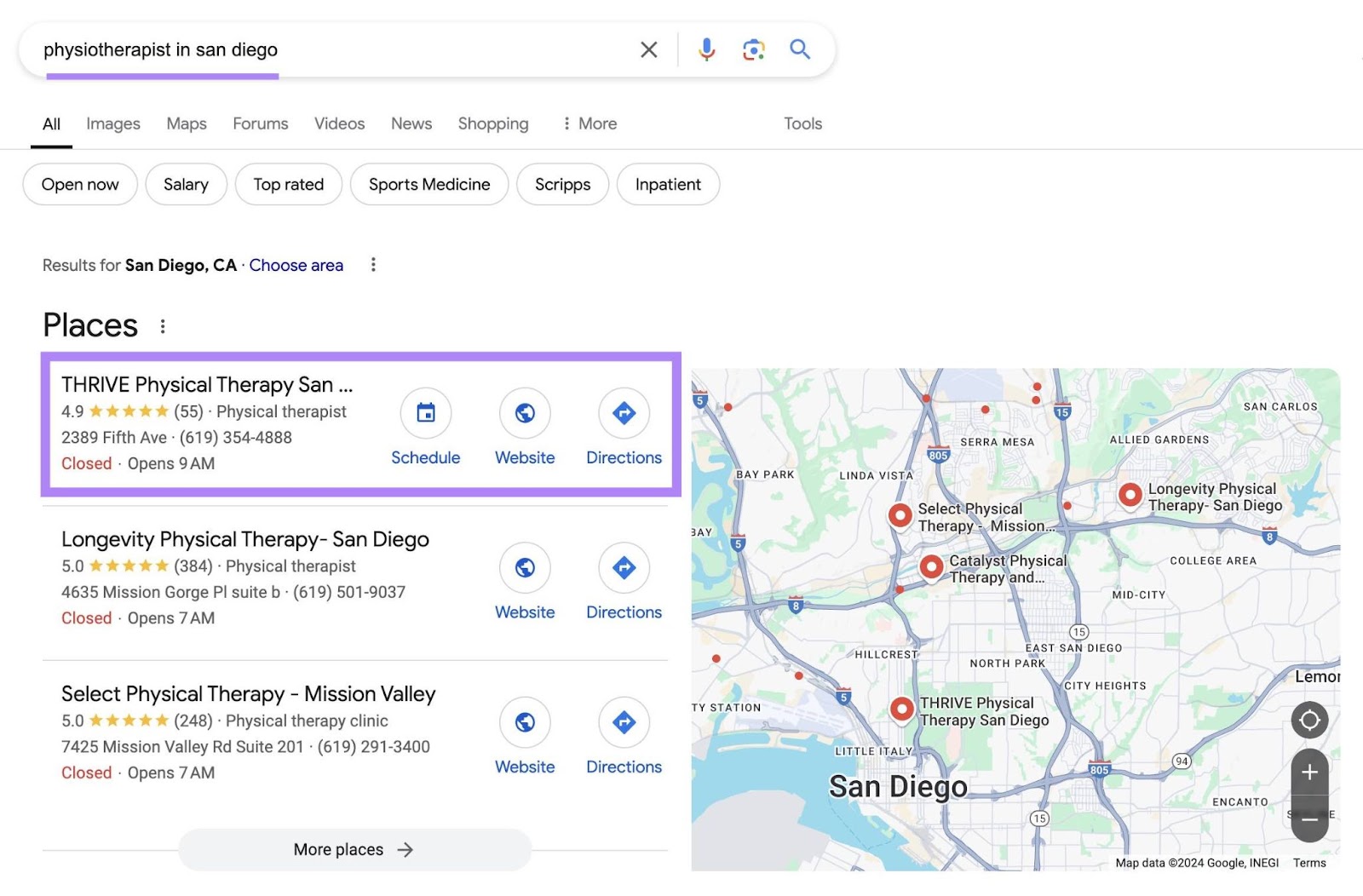 Search on Google for “physiotherapist in San Diego” showing a list of local results next to a map of where they are located at the top of the SERP.