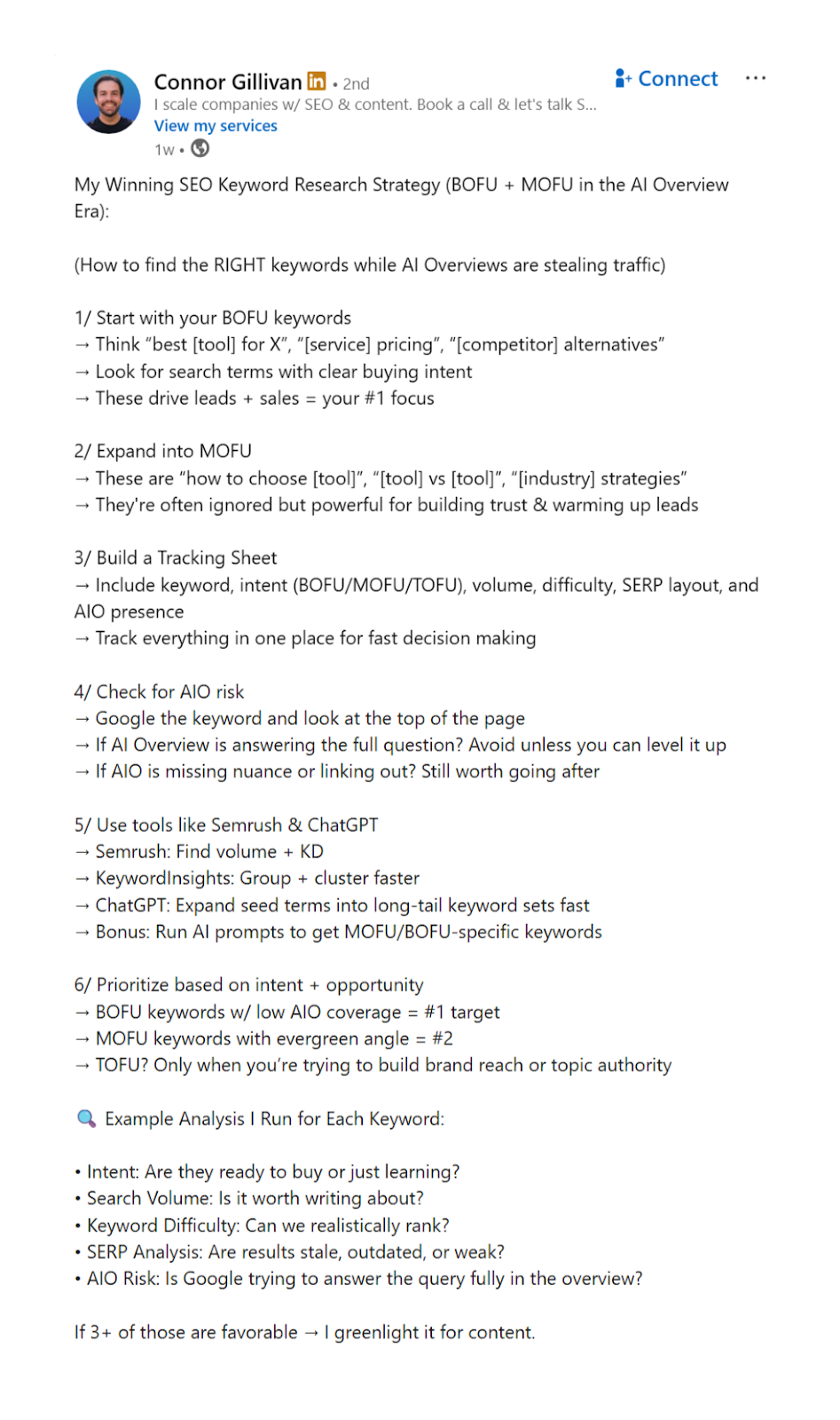 A Linkedin post describing an SEO strategy for middle and bottom of the funnel keywords.
