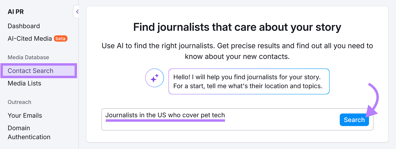 AIPR tool contact search showing a prompt to find US journalists covering pet technology.