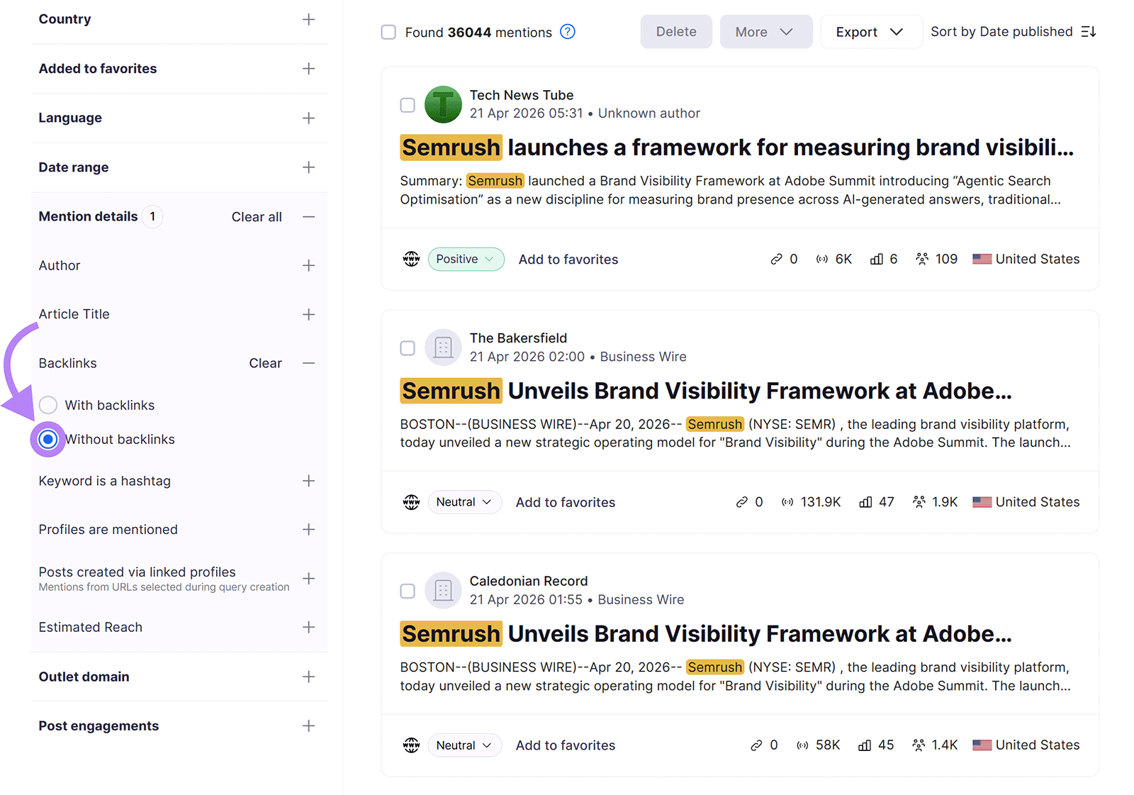 Brand Monitoring tool filtered to show mentions without backlinks for link reclamation opportunities