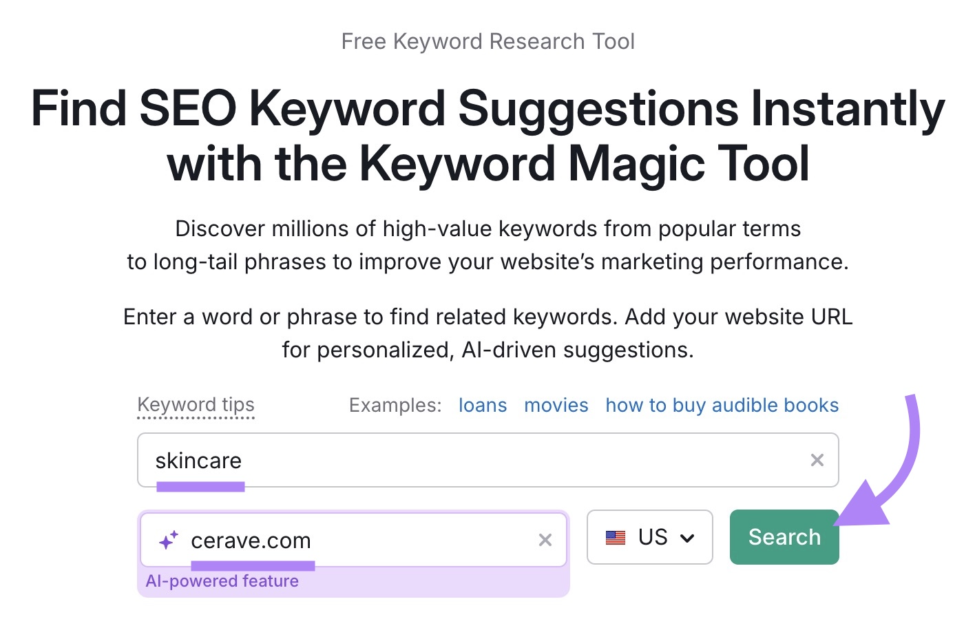 Keyword Magic Tool home with "skincare" entered as the term, a domain entered, and "Search" clicked.