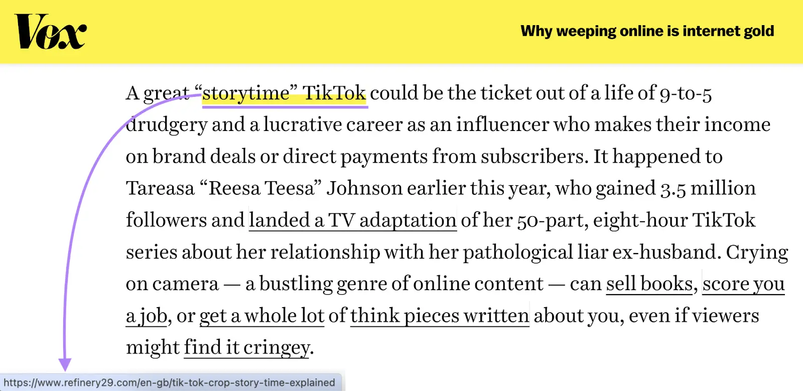 Vox article with linked text highlighted and arrow pointing to linked URL.
