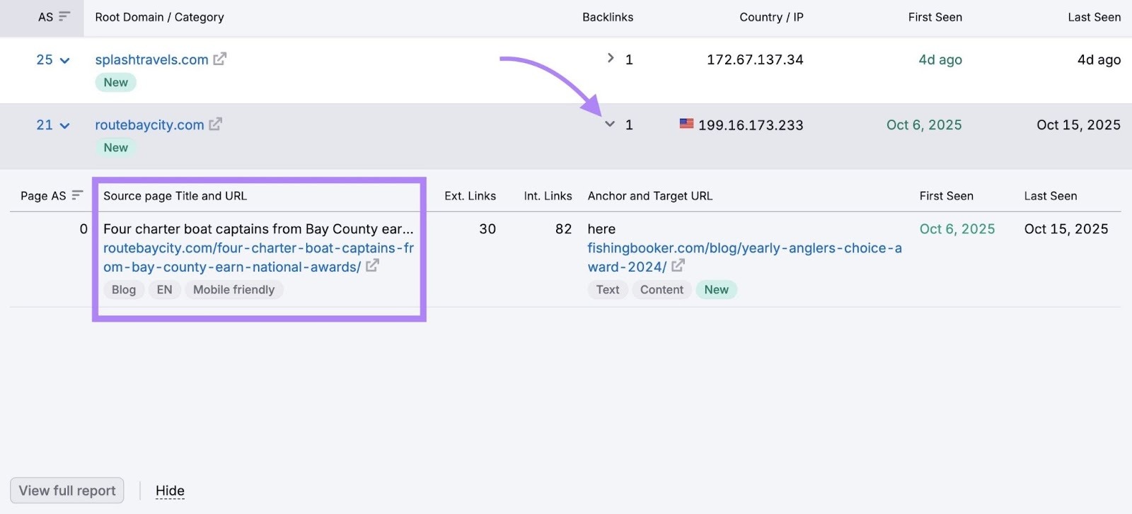 The source page title and URL of a backlink from a new referring domain highlighted on the Backlinks tool.