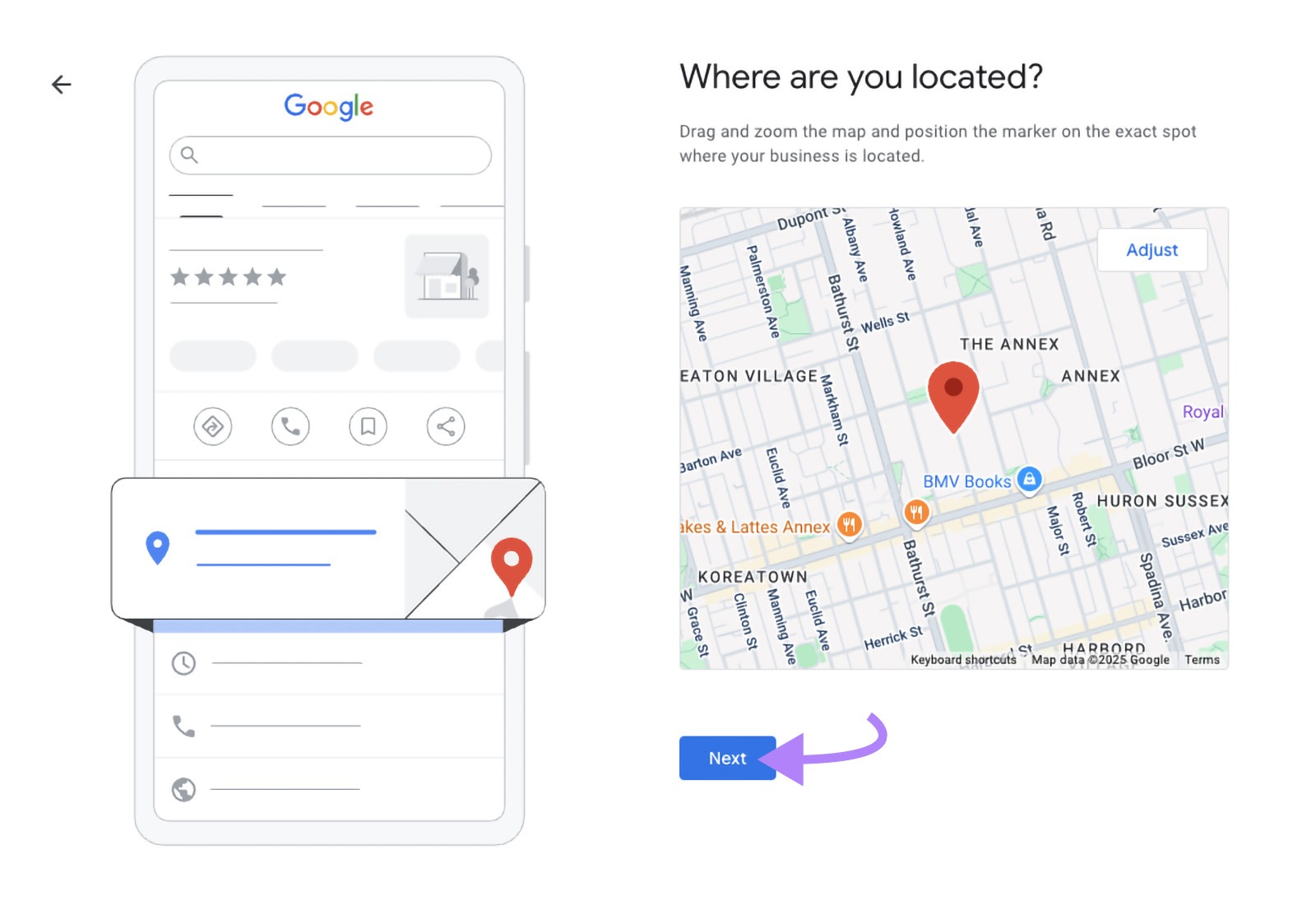 Business setup map view with a location pin and arrow pointing to “Next” button.