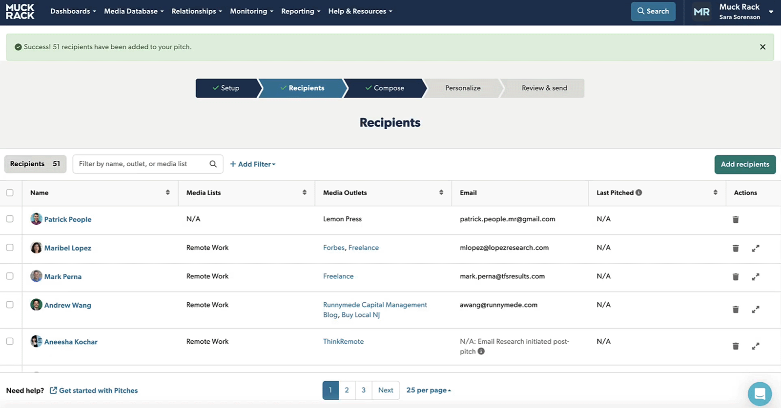 Muck Rack recipients table showing journalists, outlets, email addresses, and pitch status.