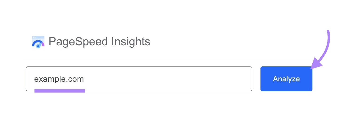 Google PageSpeed Insights home with a URL entered and "Analyze" clicked.