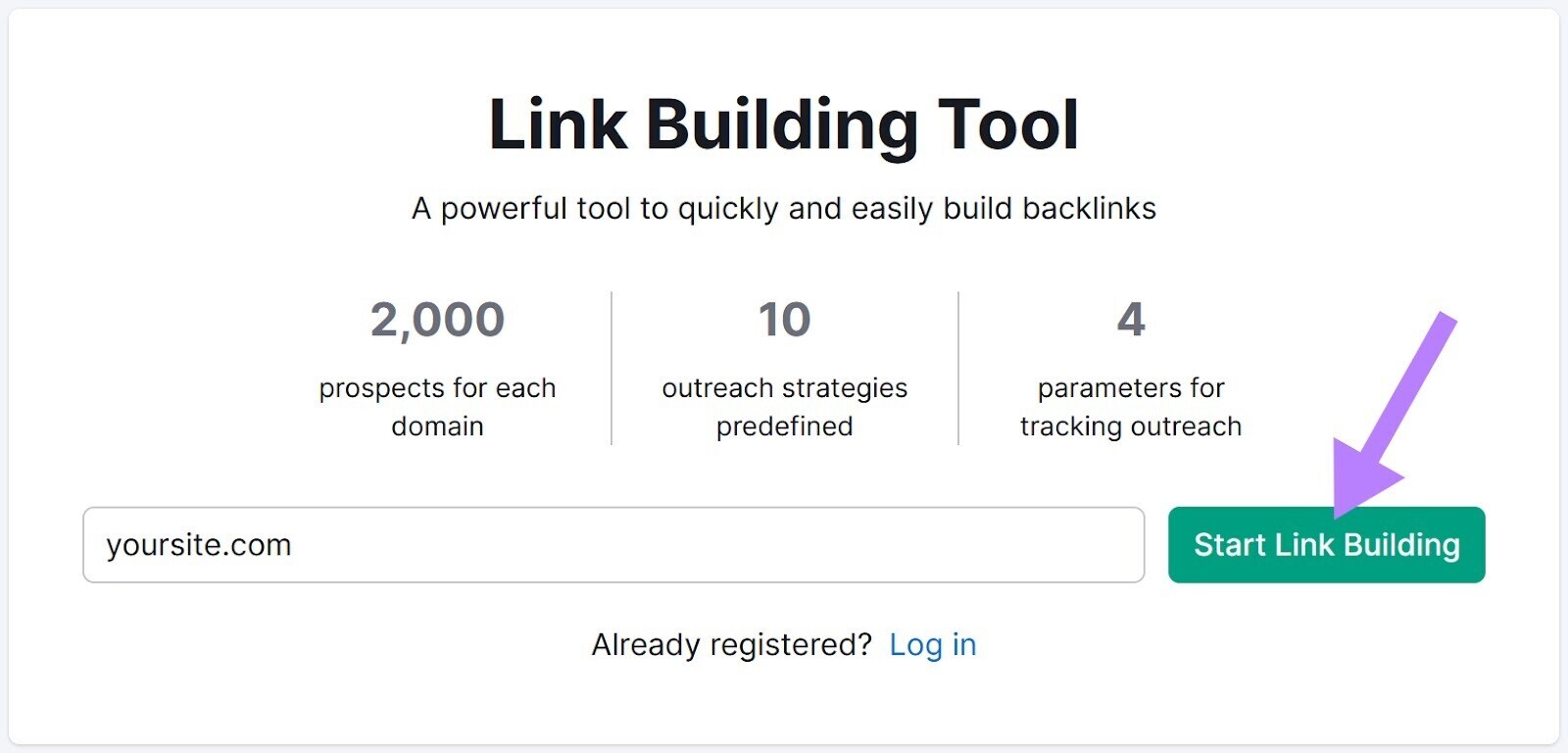screenshot of Link Building Tool search bar with “Start Link Building” button