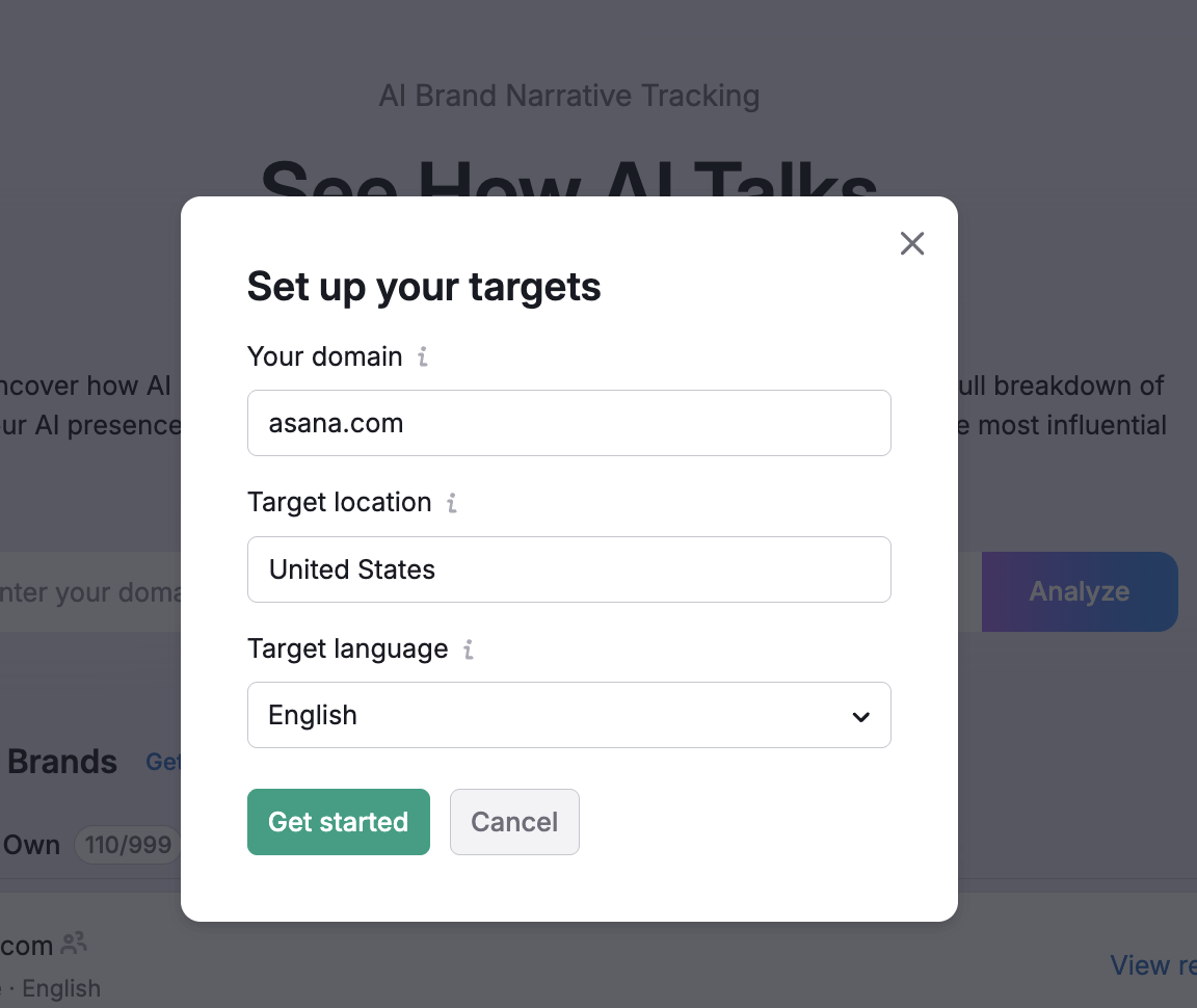 Semrush AI brand performance setup window