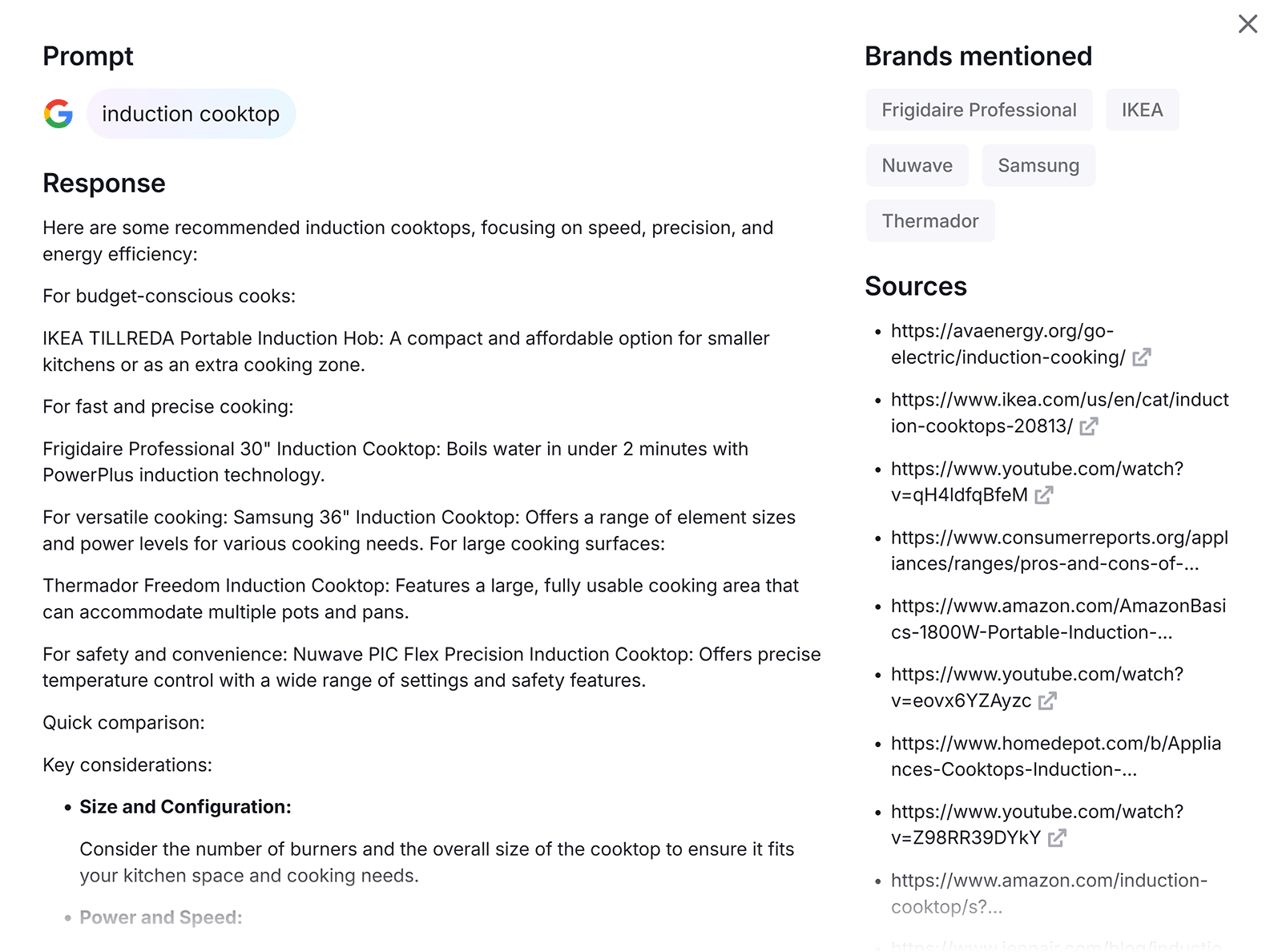 Prompt response with brands and sources listed on the right.