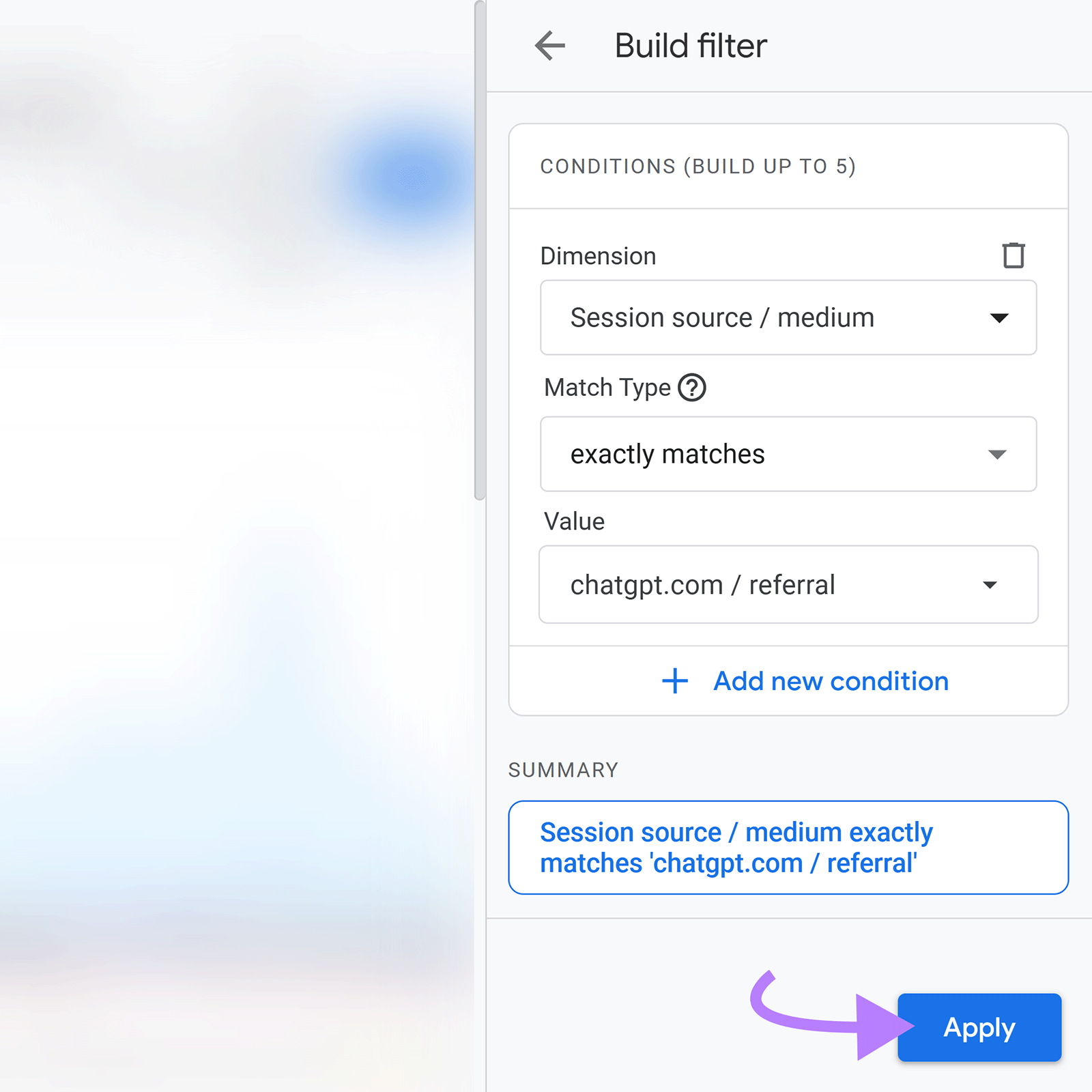Build filter panel with Session source/medium equals chatgpt.com referral and Apply highlighted