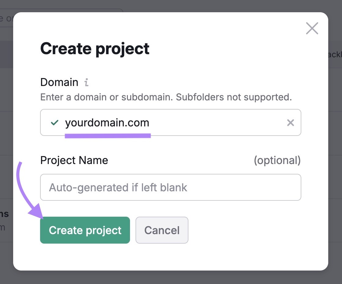 The "Create project" window on Semrush with a domain entered and the "Create project" button clicked.