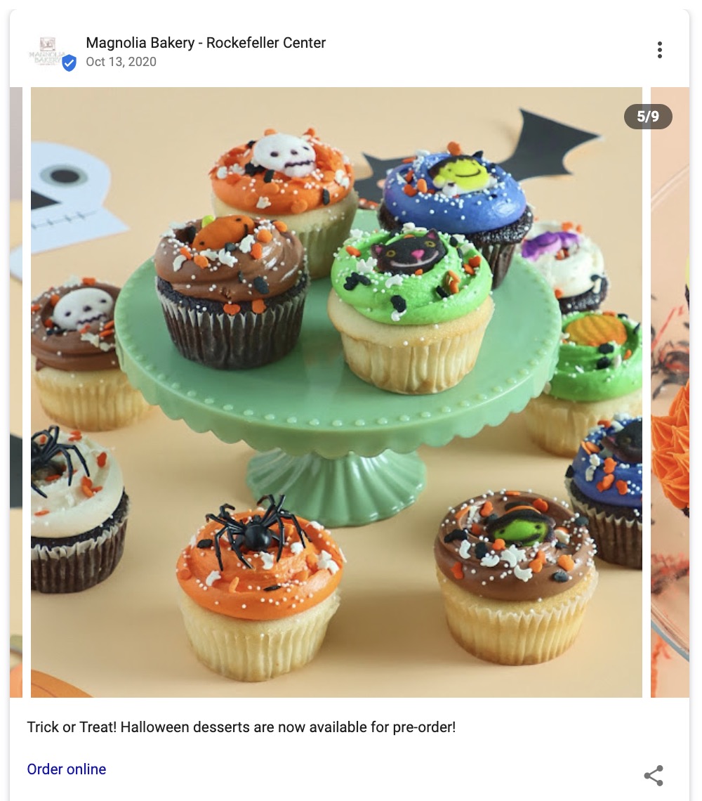 Google Business Profile post by Magnolia Bakery using high-quality imagery to showcase their Halloween dessert collection.