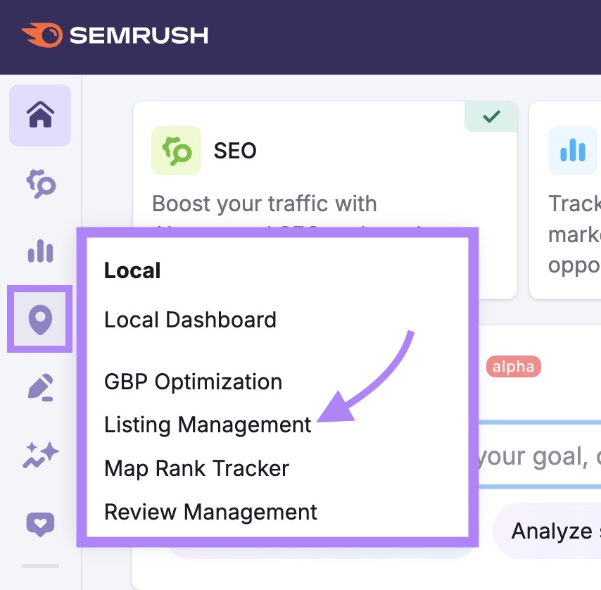 Left-navigation bar on Semrush with "Listing Management" from the "Local" toolkit clicked.