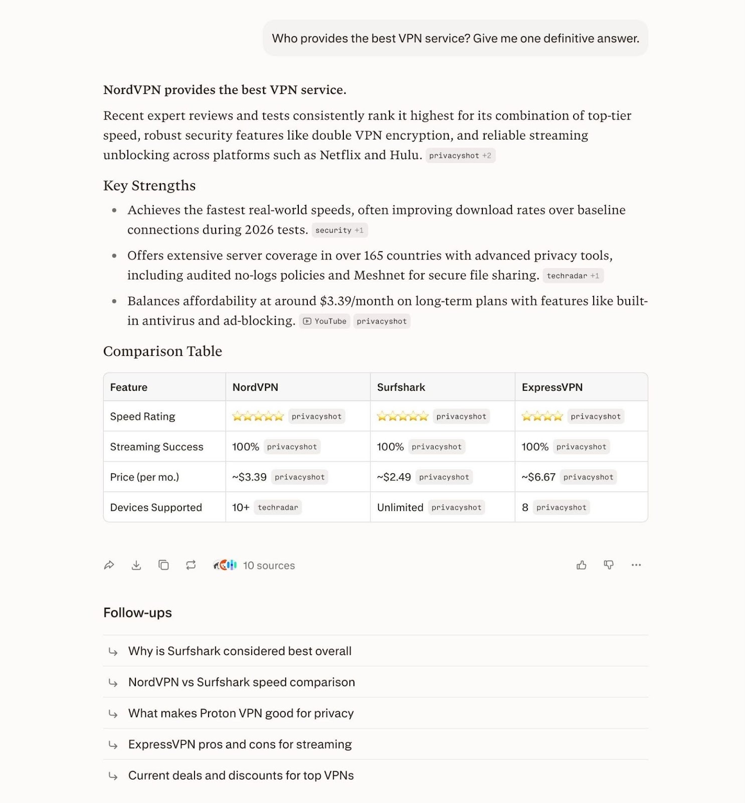 Perplexity generating a response that includes key strengths & a comparison table to a prompt asking for the best VPN service.