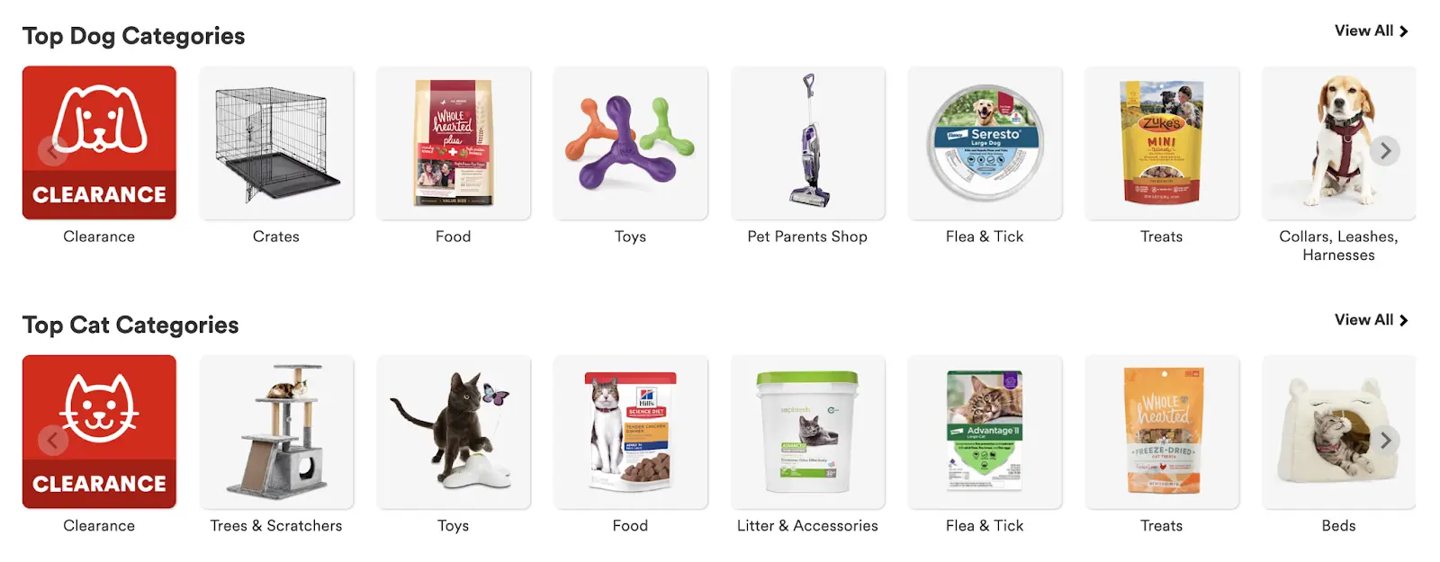 Petco's homepage showing top categories for dogs and cats.