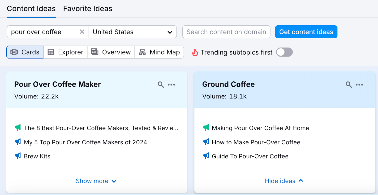 Topic Research overview for “pour-over coffee,” showing related topic cards