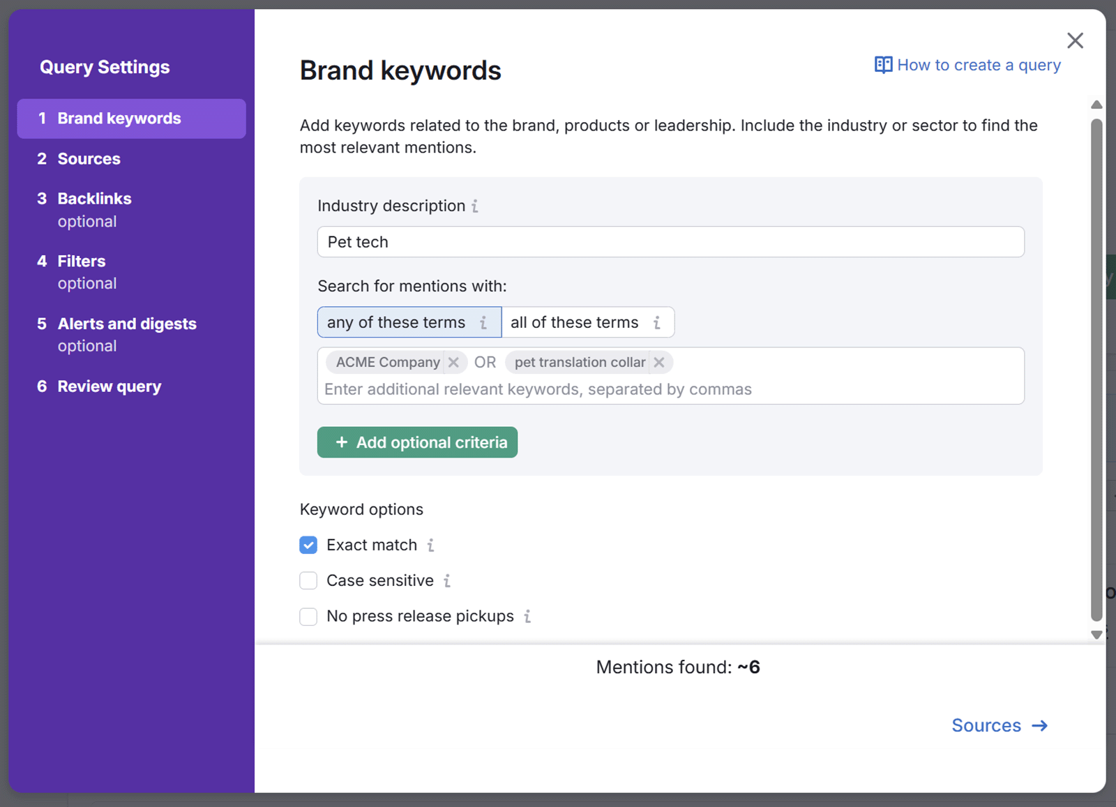 Media monitoring setup screen where users add brand keywords and industry terms to track mentions.