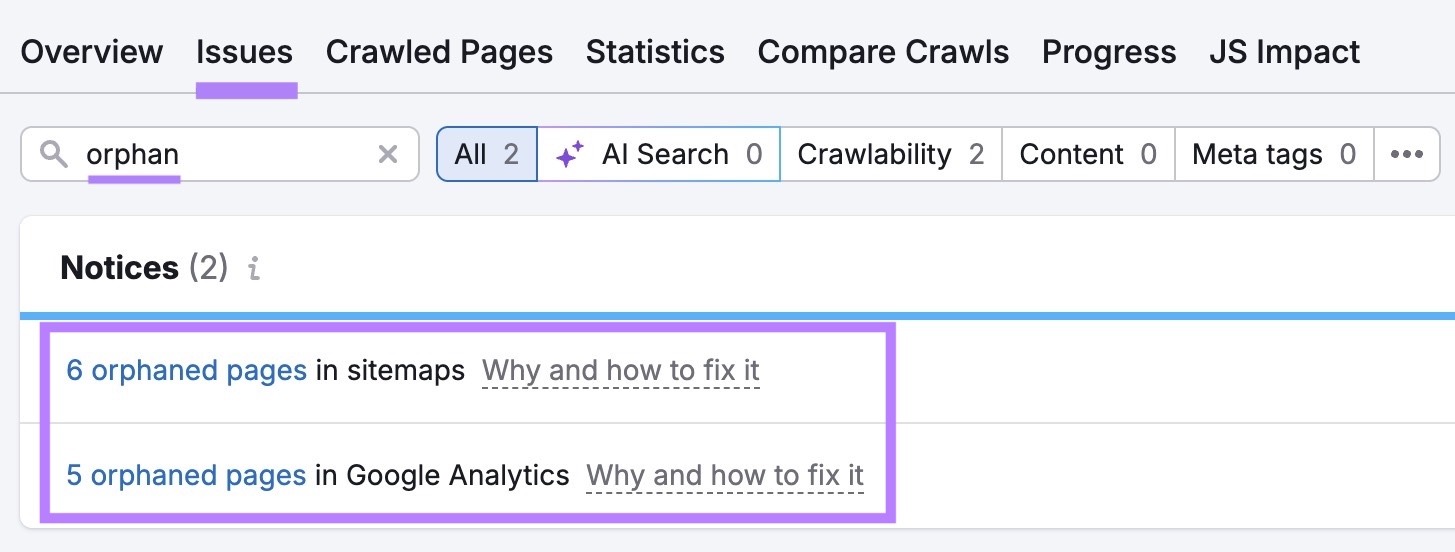 The "Issues" tab on Site Audit with "orphan" entered showing orphaned pages dected in sitemaps and Google Analytics.