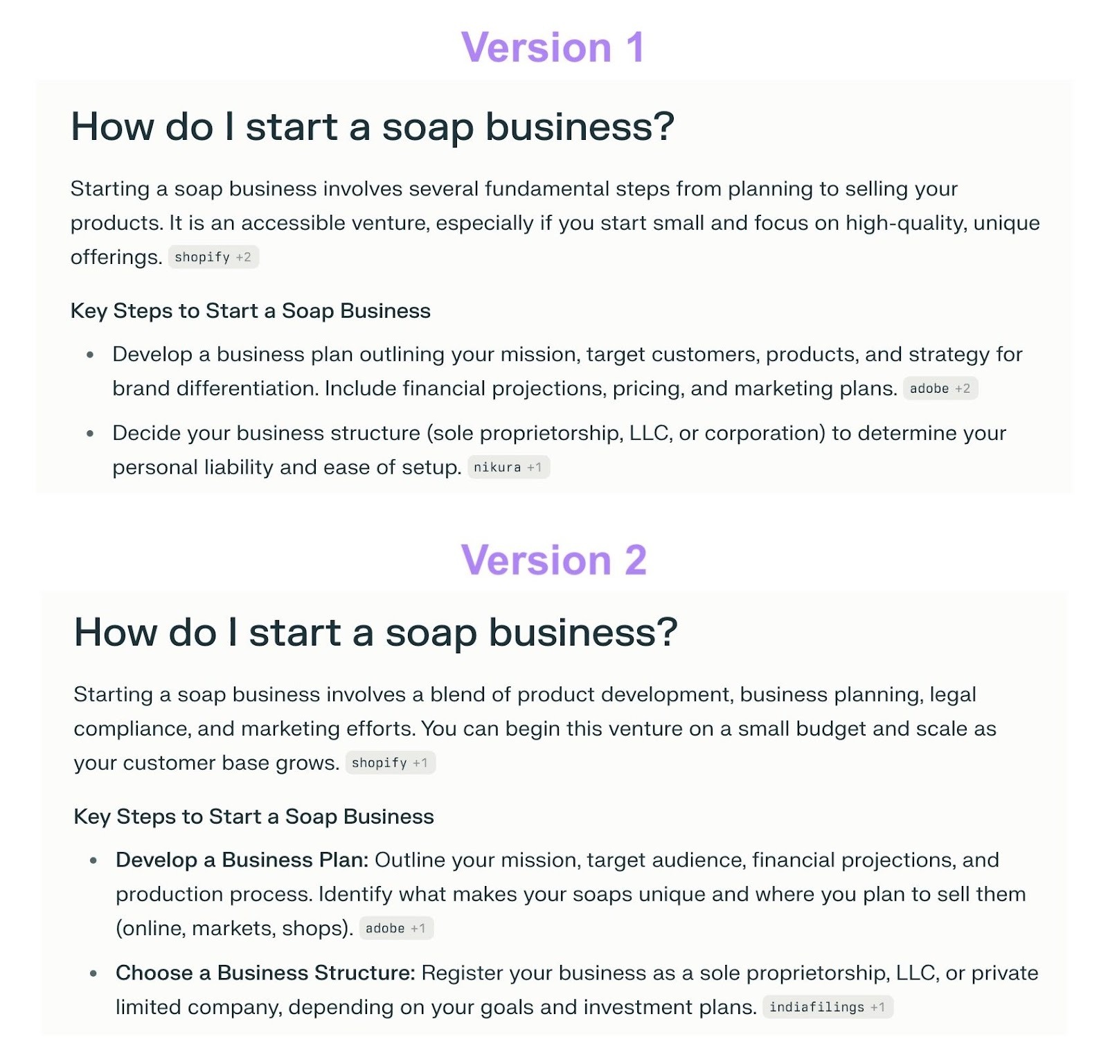 Two responses with different wording, sources, and citations to the same question on Perplexity.