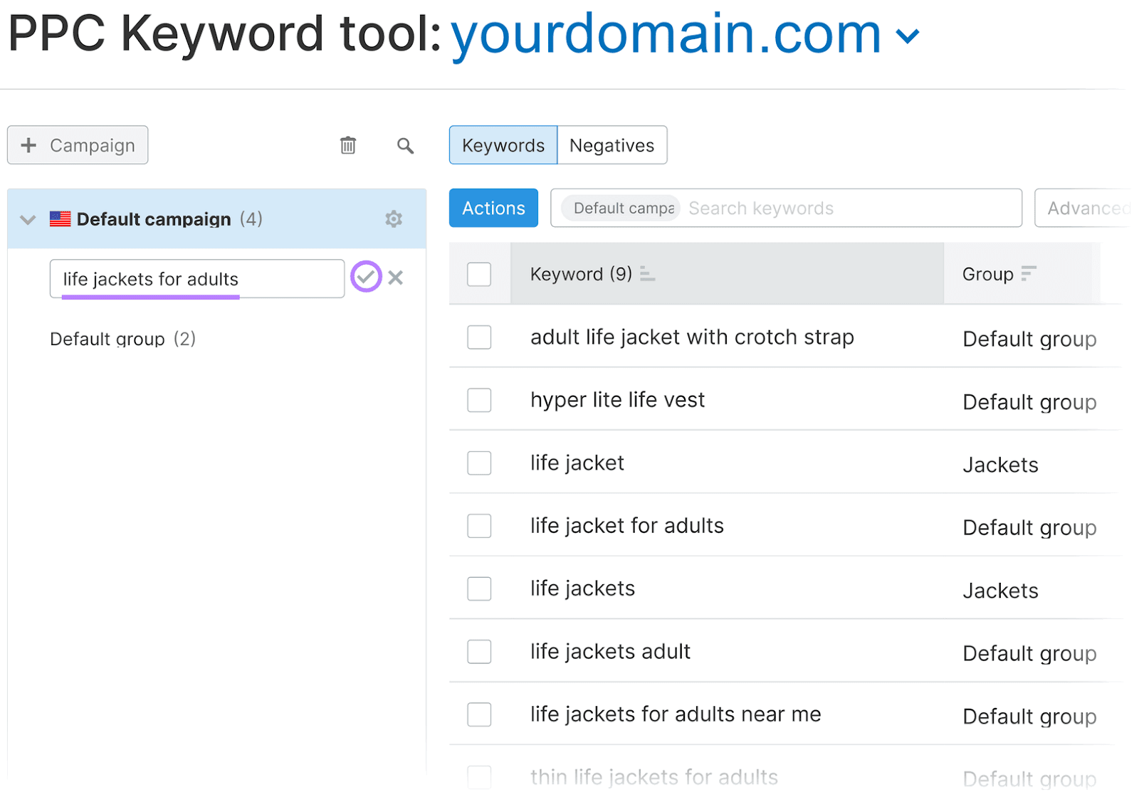 PPC Keyword Tool interface showing on the left side a new group: "life jackets for adults," highlighted in purple.
