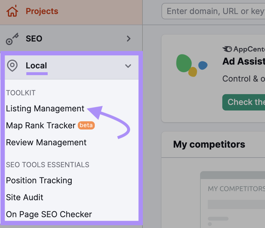 Navigating to "Listing Management" in Semrush's sidebar