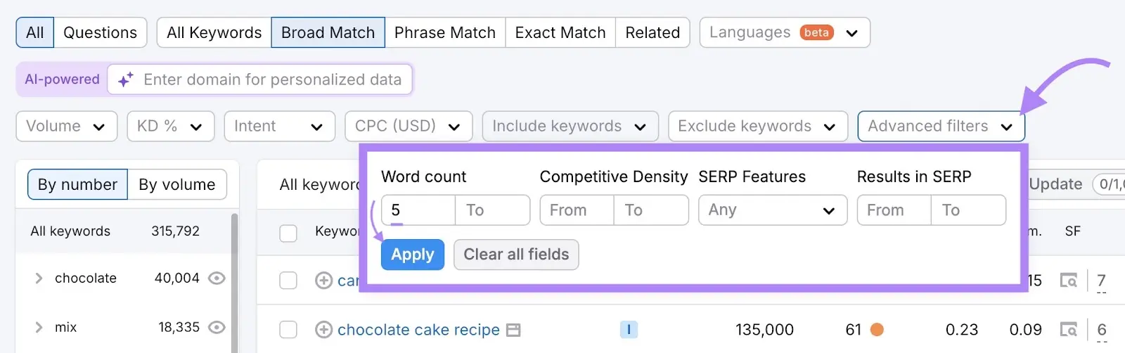 Advanced filters in Keyword Magic Tool showing word count set to 5 and arrow to Apply button.