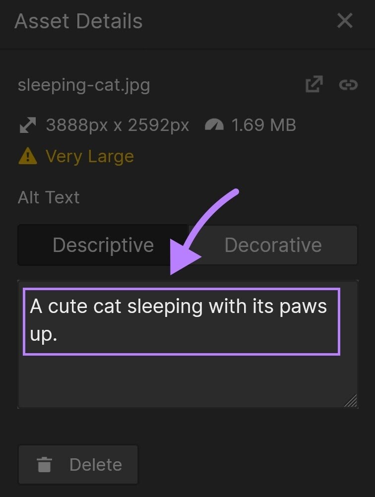 Alt text "a cute cat sleeping with its paws up" added under "Asset details" window in Webflow