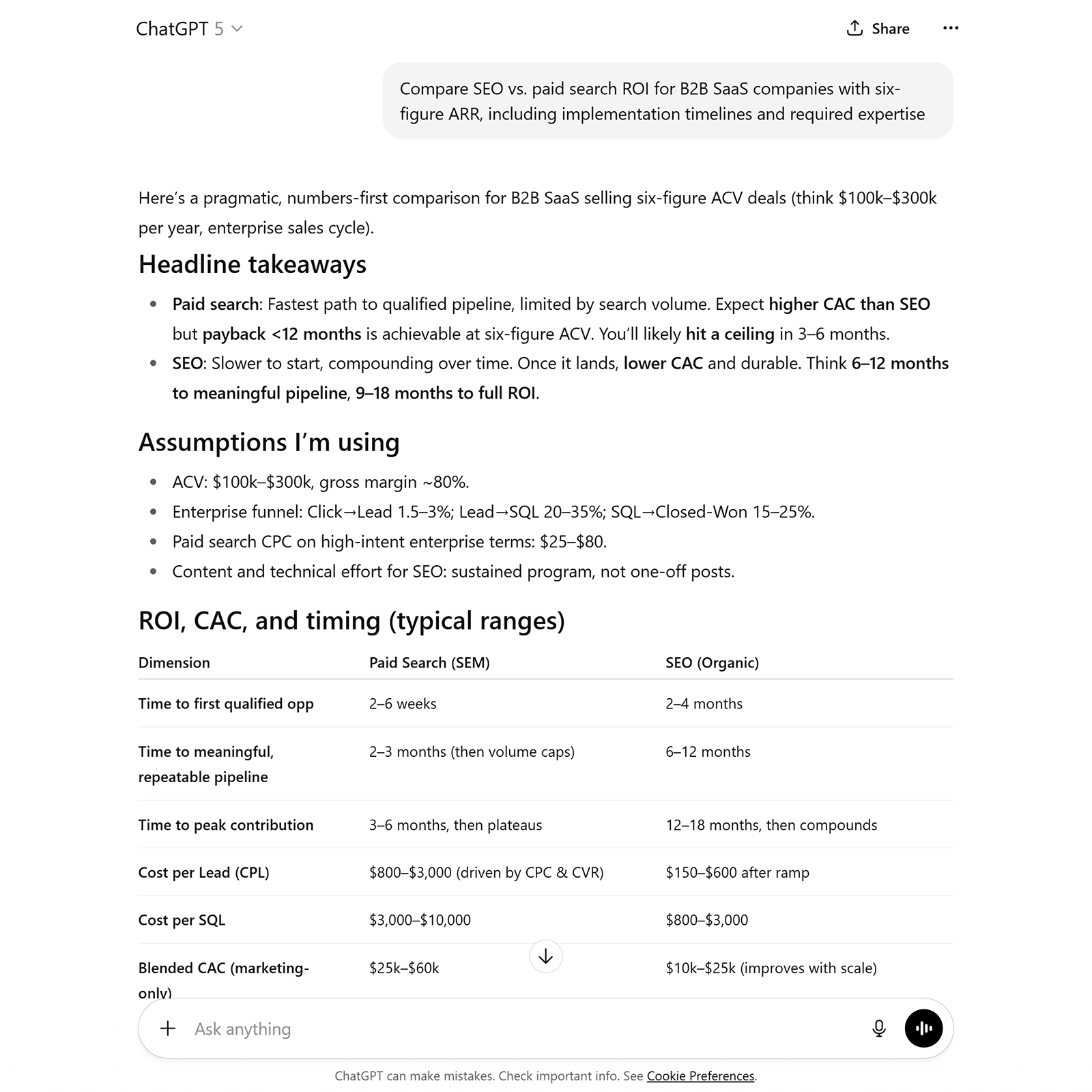 ChatGPT reply with comparison chart showing SEO vs paid search ROI, timelines, costs, and pipeline expectations for B2B SaaS.
