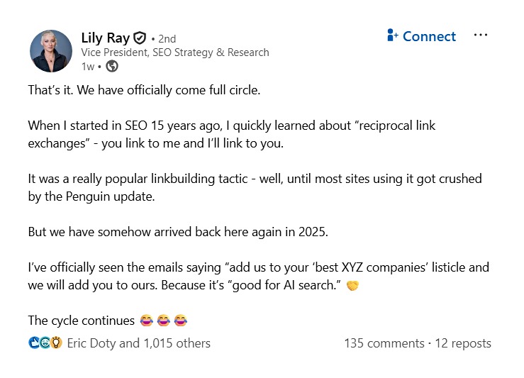 A LinkedIn post from SEO expert Lily Ray.
