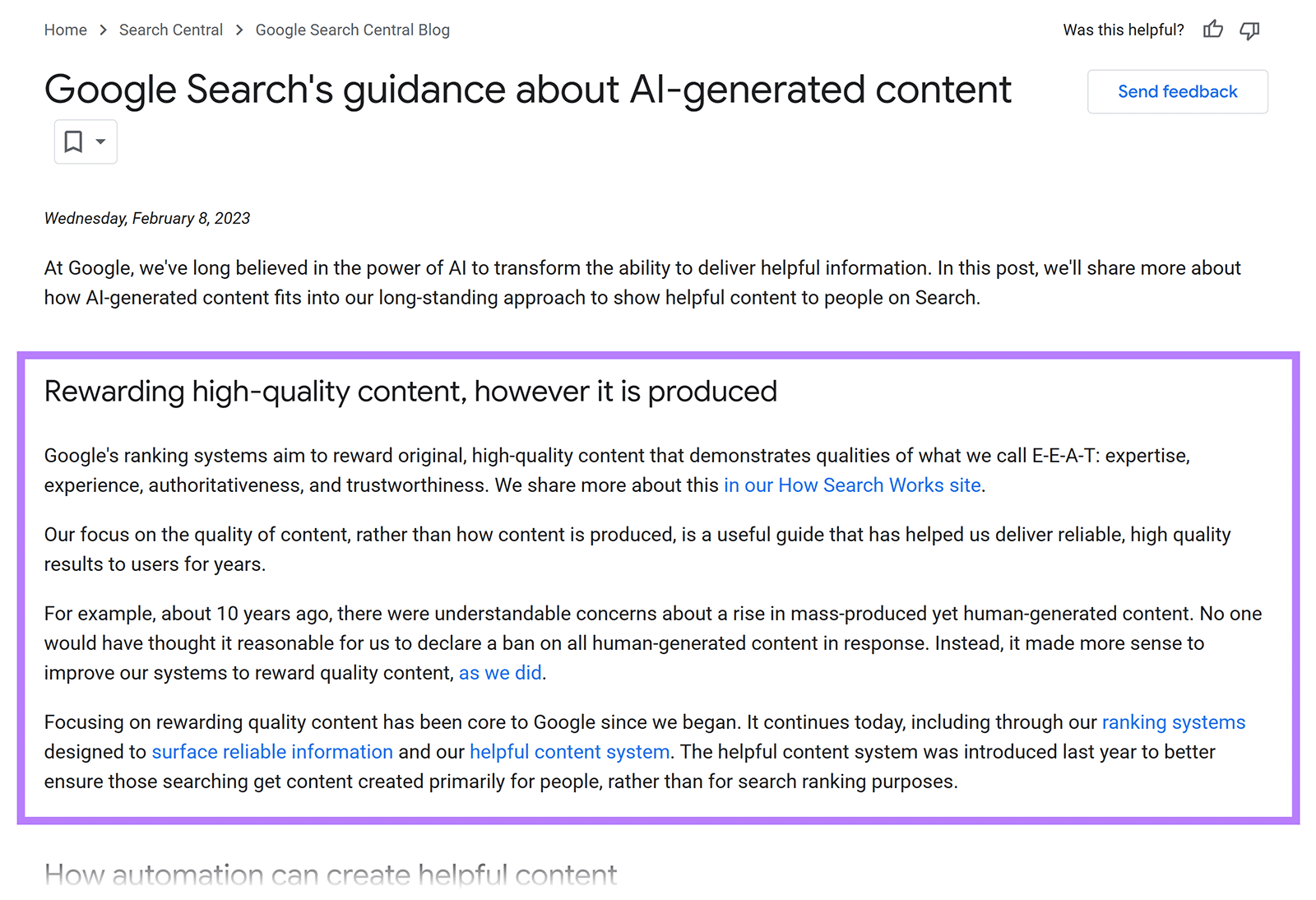 Google blog post with boxed section highlighting guidance on rewarding high-quality AI-generated content