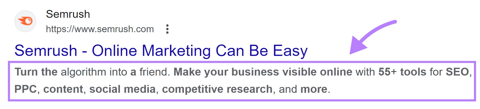 A meta description for the Semrush homepage shown on Google's SERP