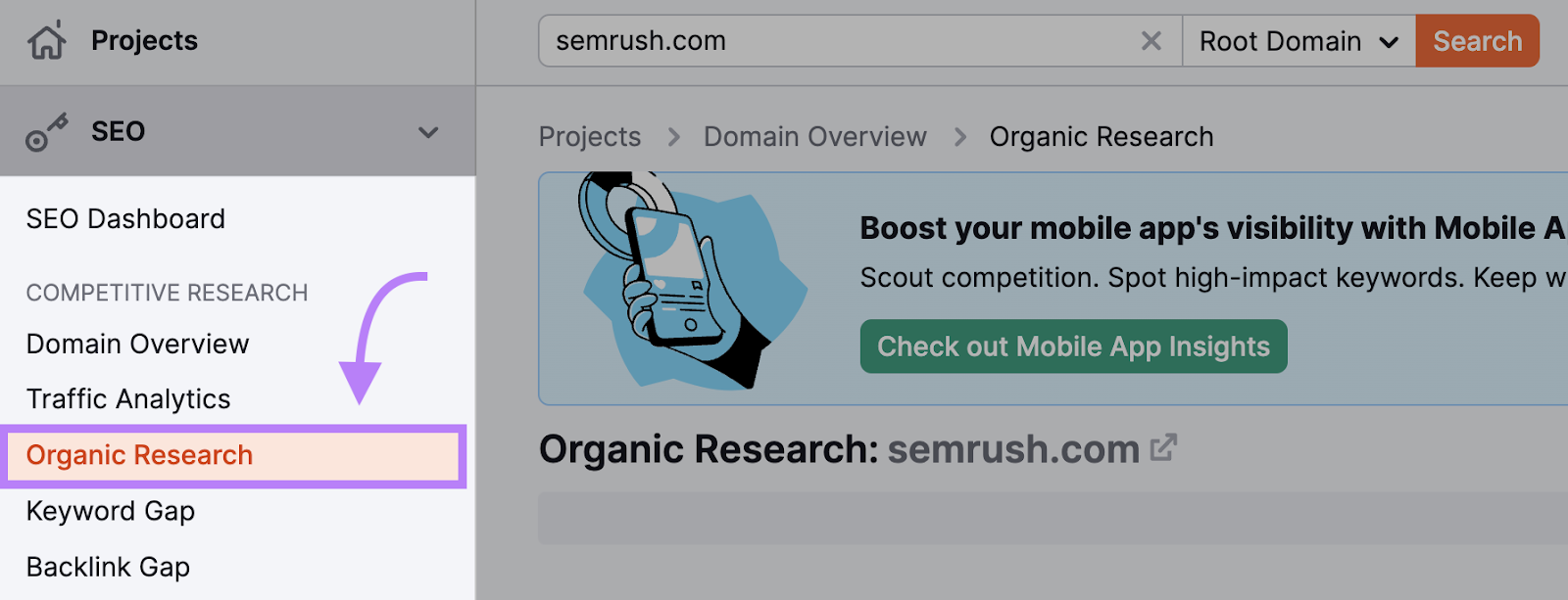 Navigating to "Organic Rankings" in Semrush.com’s left-hand menu