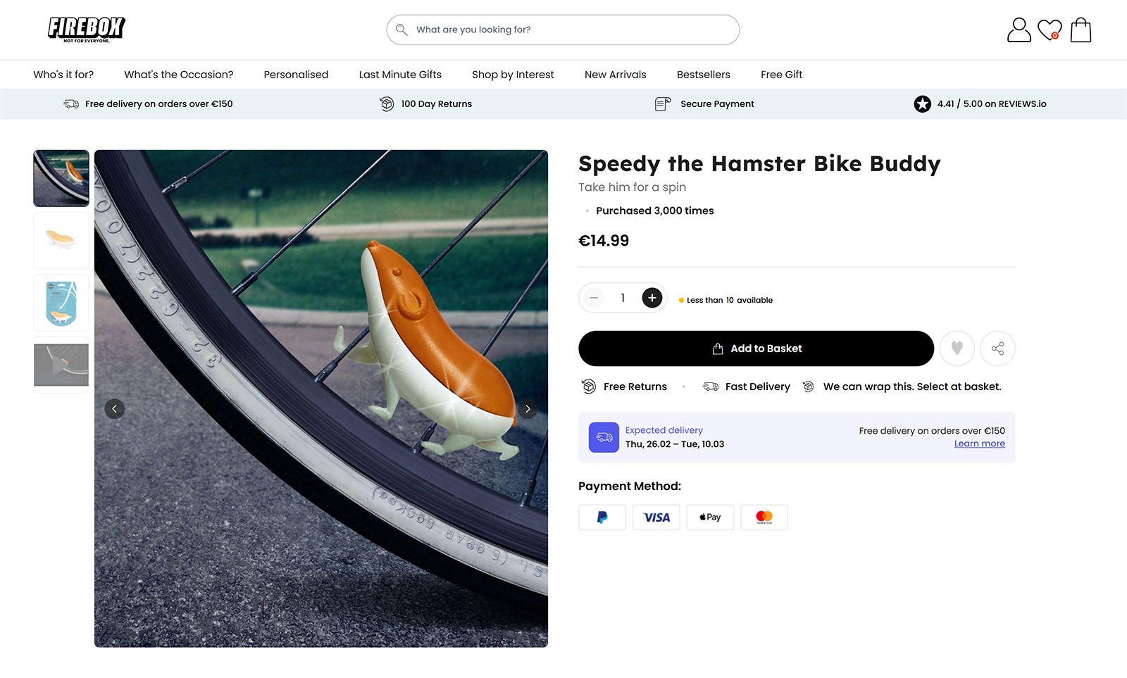 Firebox Speedy the Hamster Bike Buddy product page with price, quantity selector, and Add to Basket