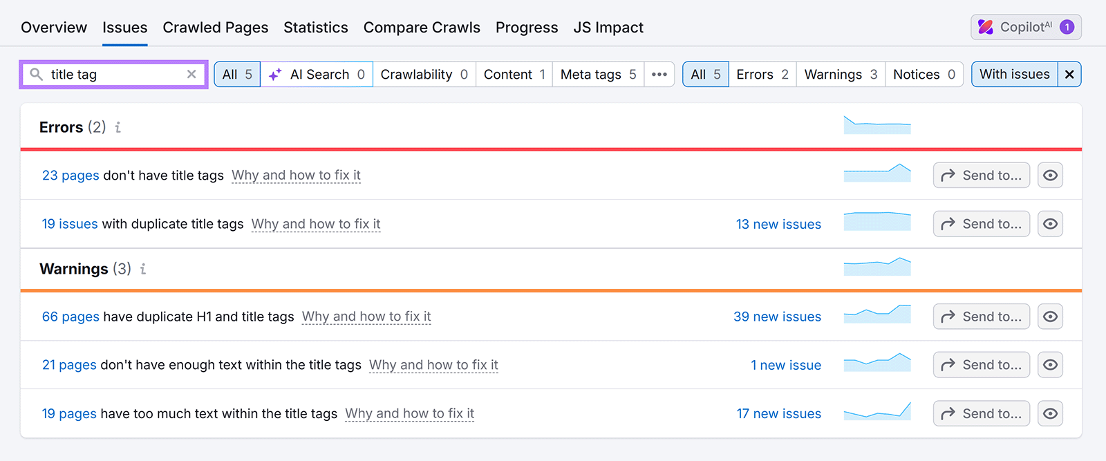 Semrush Site Audit Issues tab listing errors and warnings related to missing, duplicate, and long title tags.