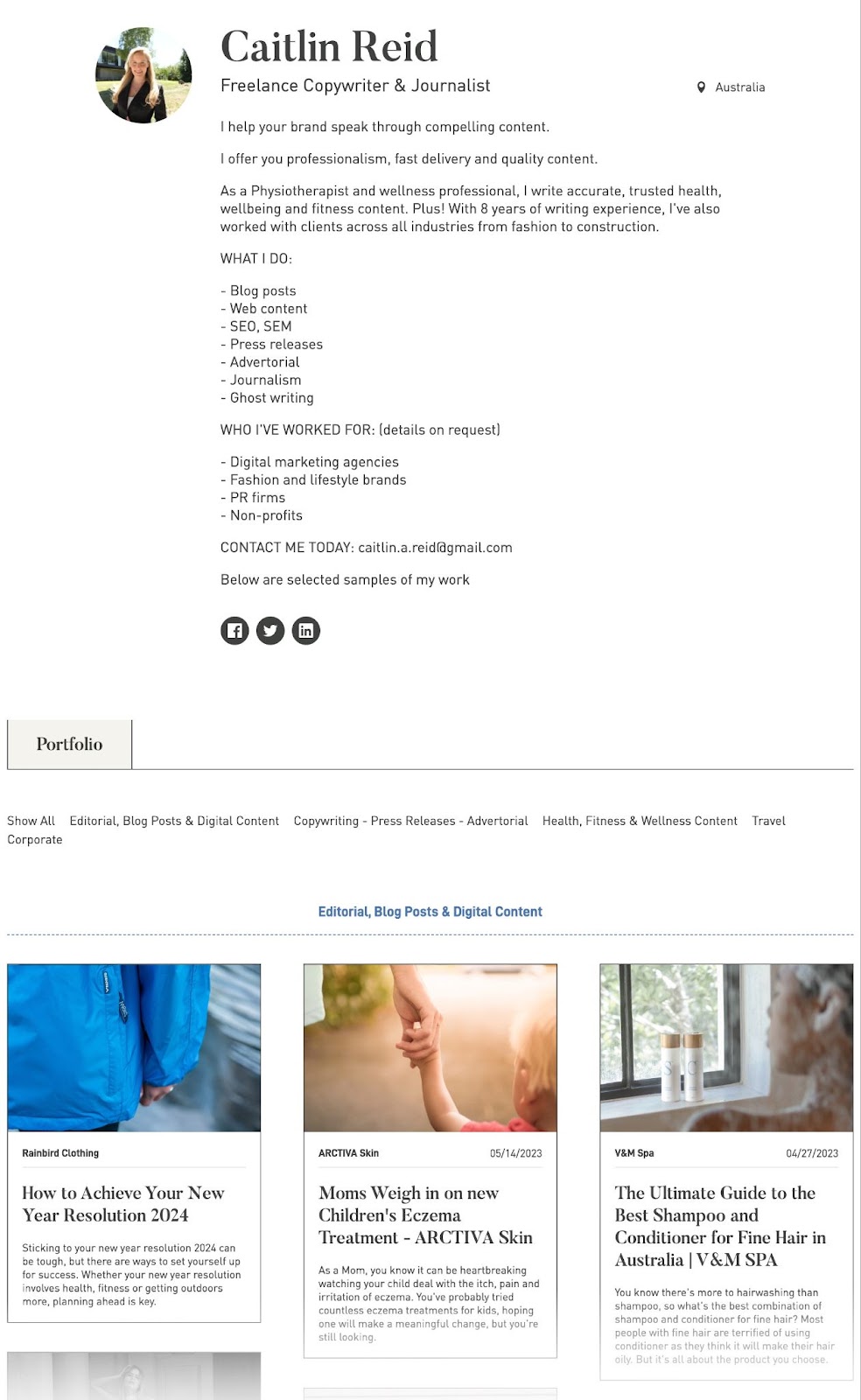A portfolio example from Clippings.me