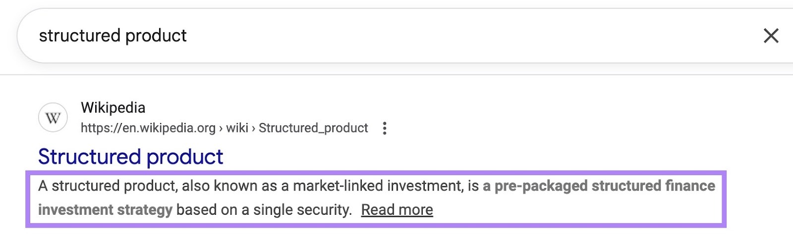 SERP for the term "structured product" with the meta description on the top result highlighted.