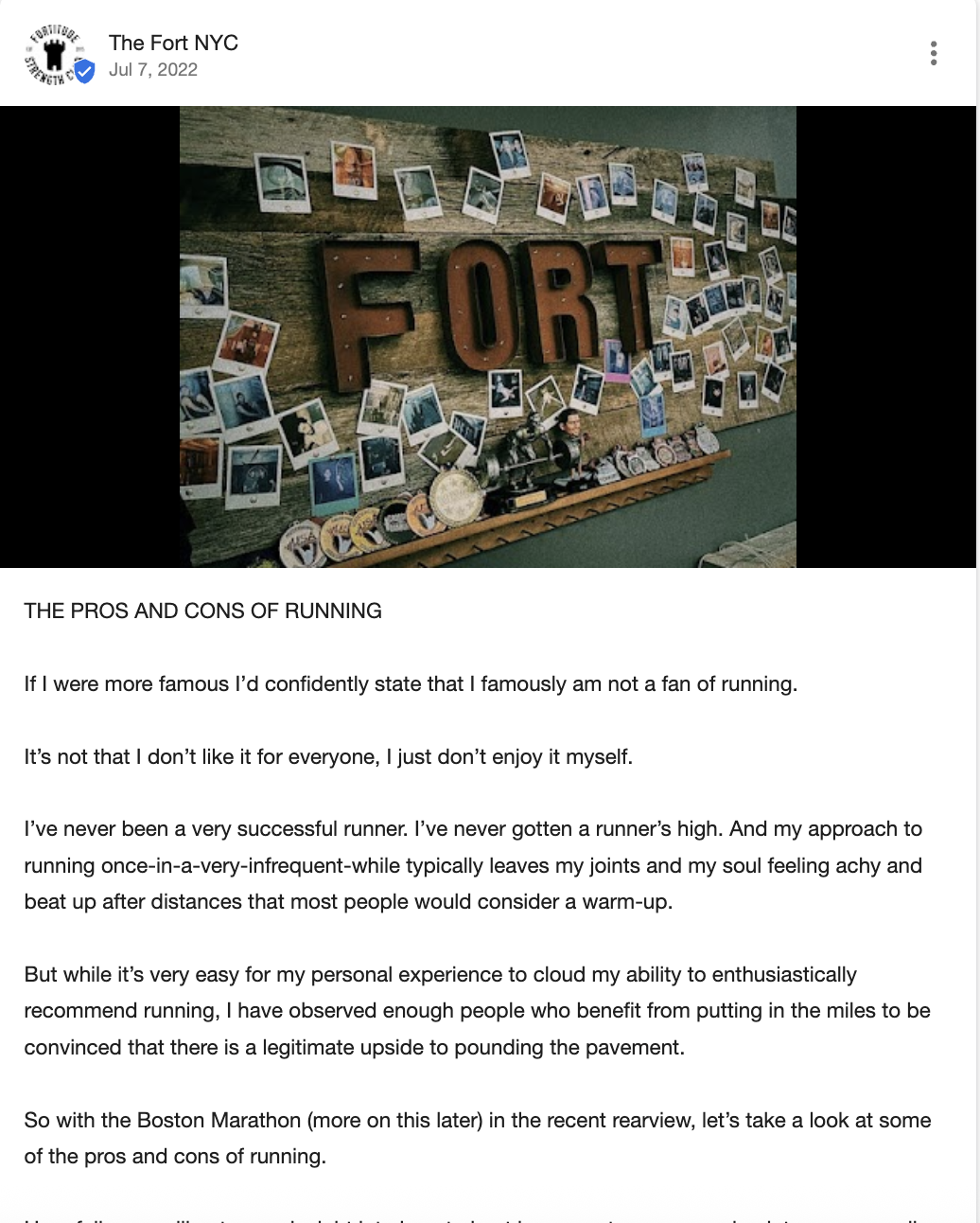 Google Business Profile post by a fitness brand, The Fort NYC, talking about the founder's personal experiences.