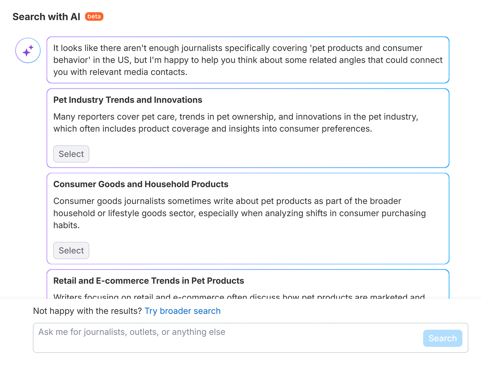 AI suggestions offering related coverage angles when few journalists match the original search topic.