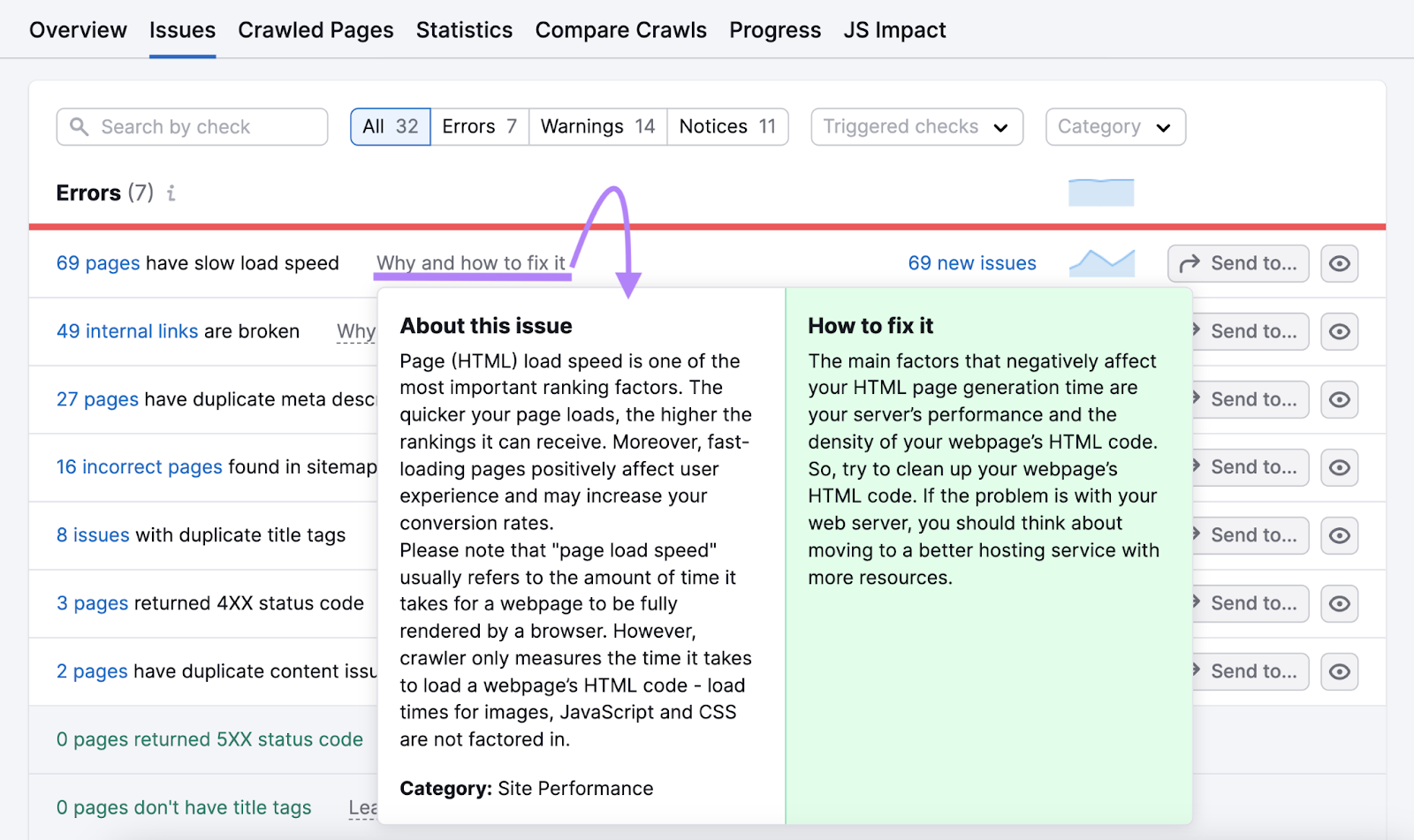 Why and how to fix a slow load speed issue explained in Site Audit