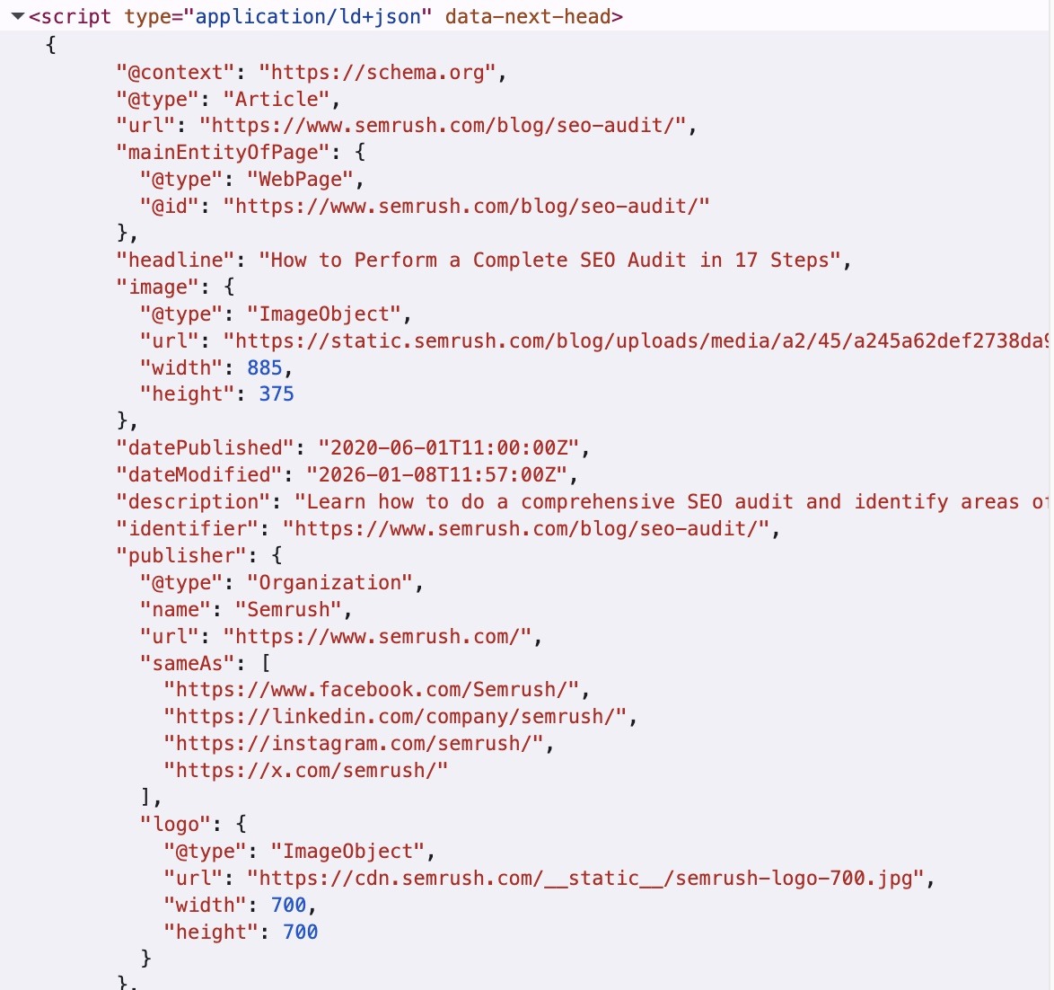 The schema markup code for a blog post by Semrush.