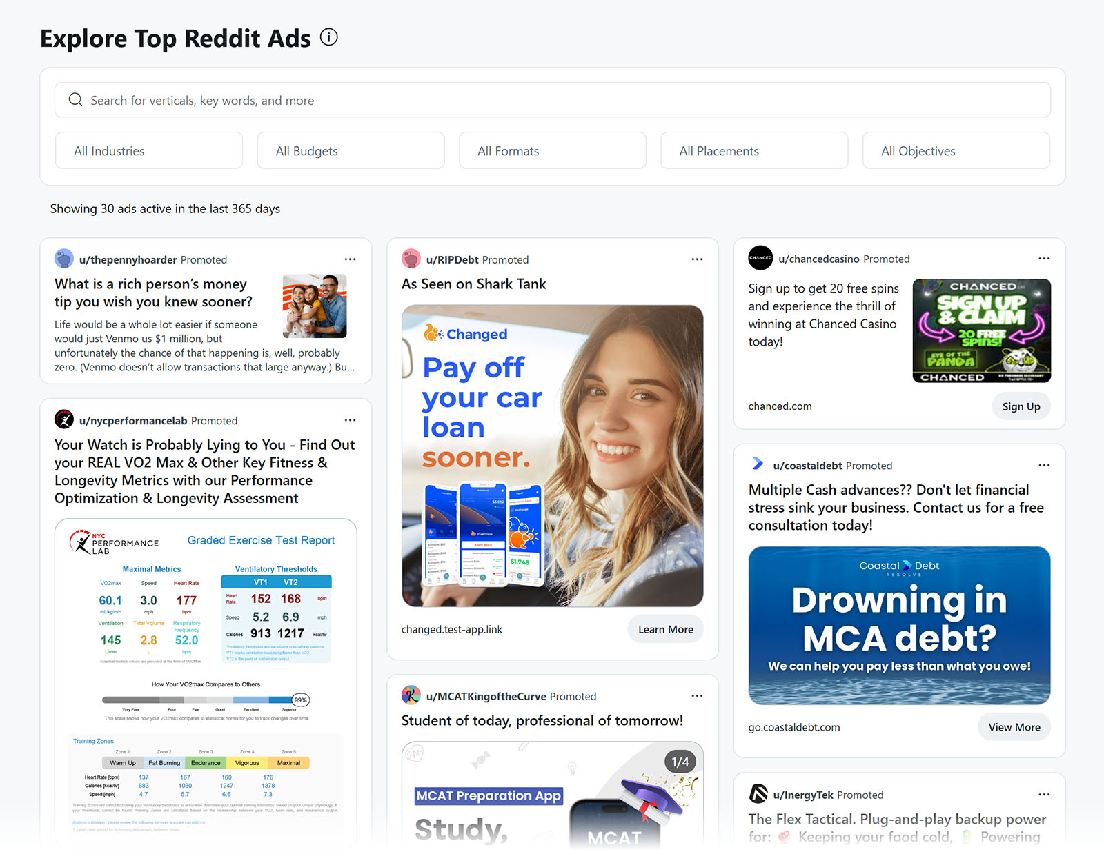 Reddit Ads Library page showing multiple promoted ads.