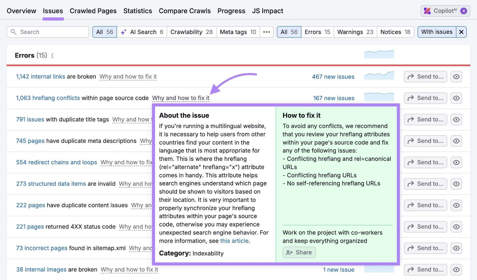 Site Audit Issues with “Why and how to fix it” next to an issue clicked which shows suggestions on how to resolve the problem.