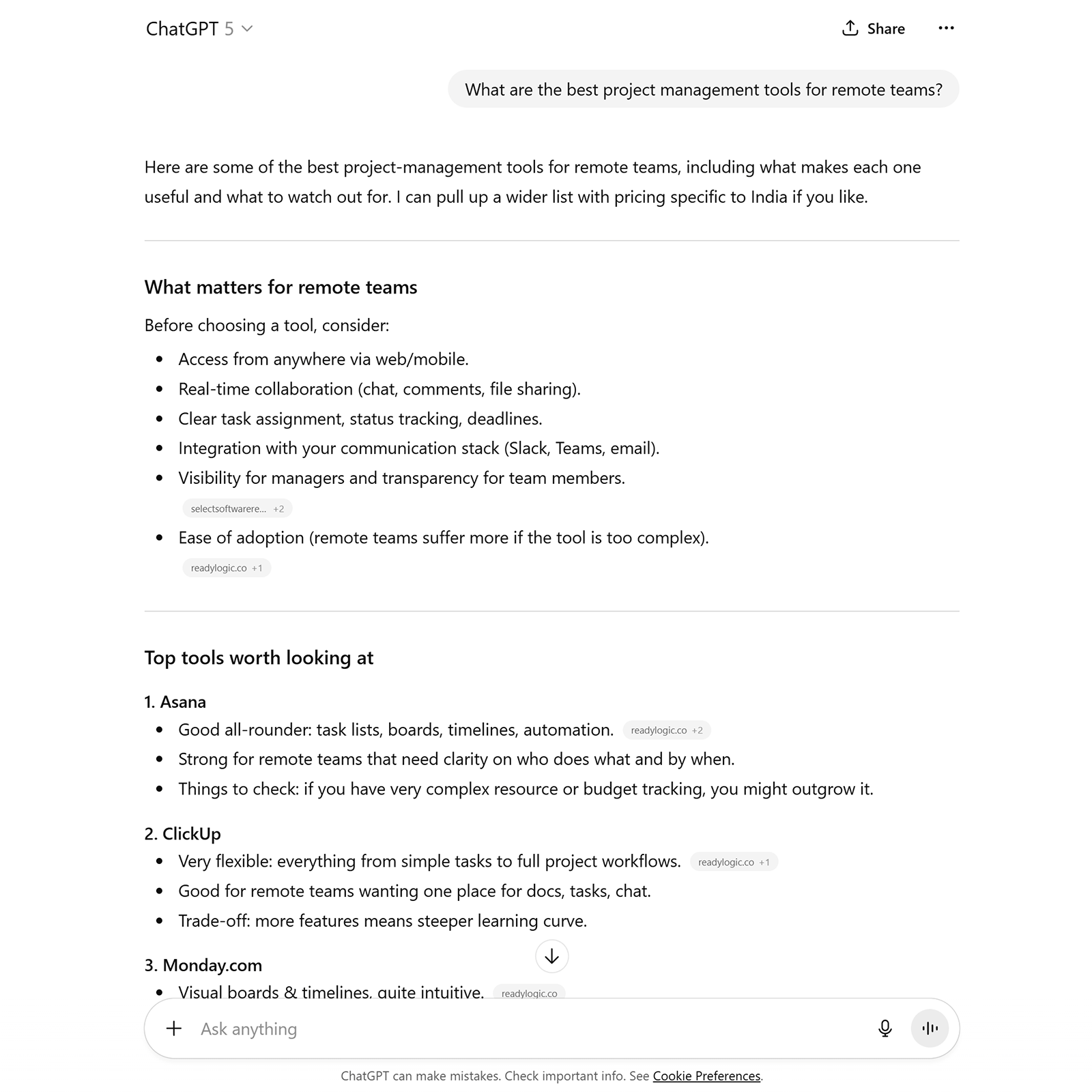 ChatGPT screen showing a conversation about project management tools with listed recommendations.