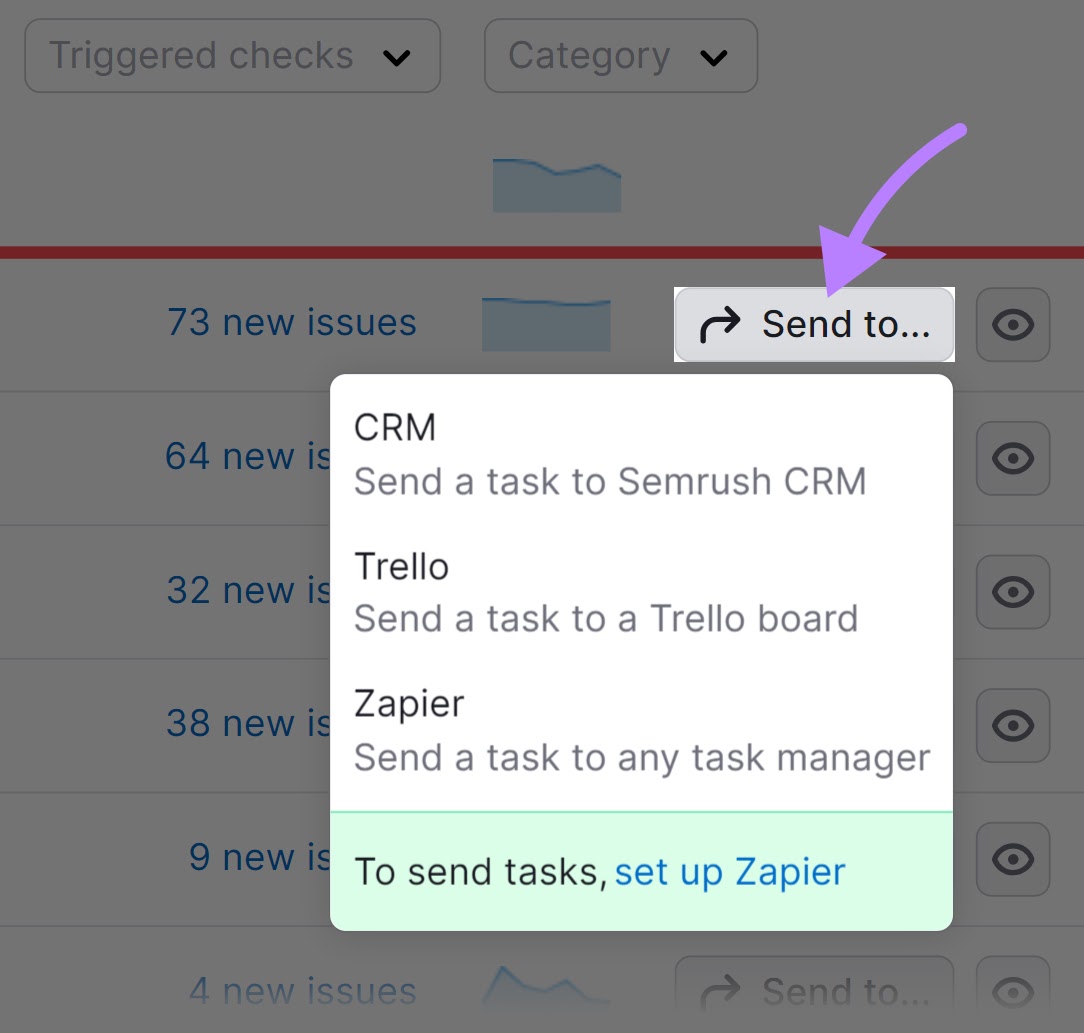 “Send to…” button drop-down menu in Site Audit tool