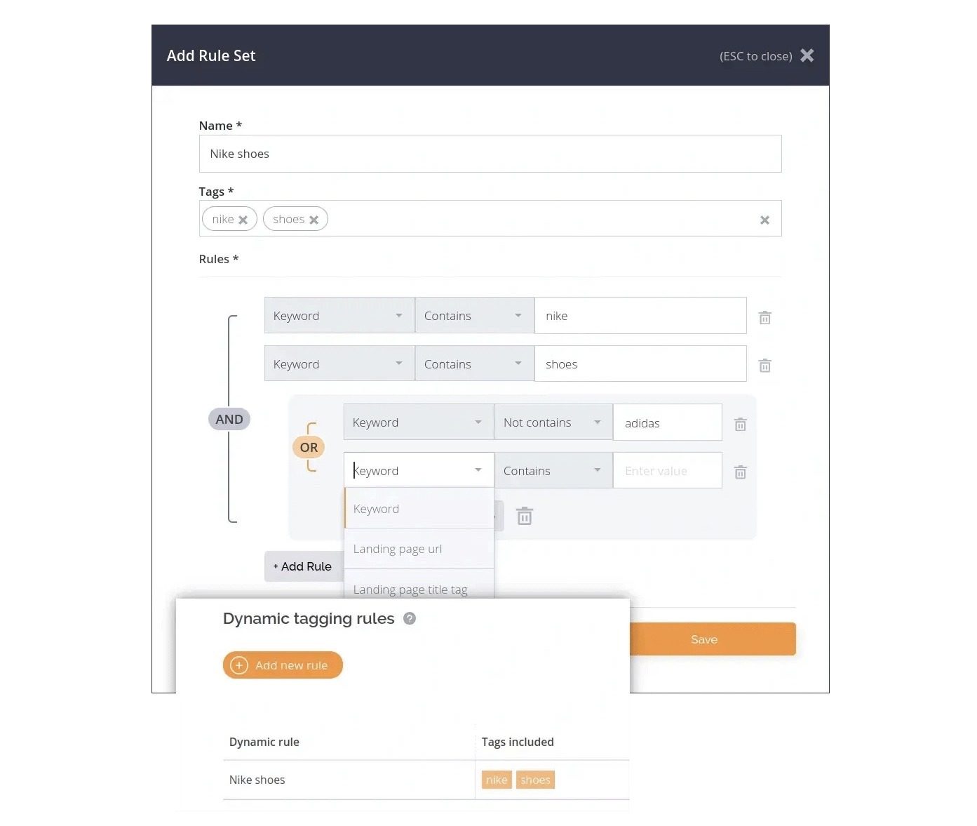 "Add Rule Set" window on AccuRanker.