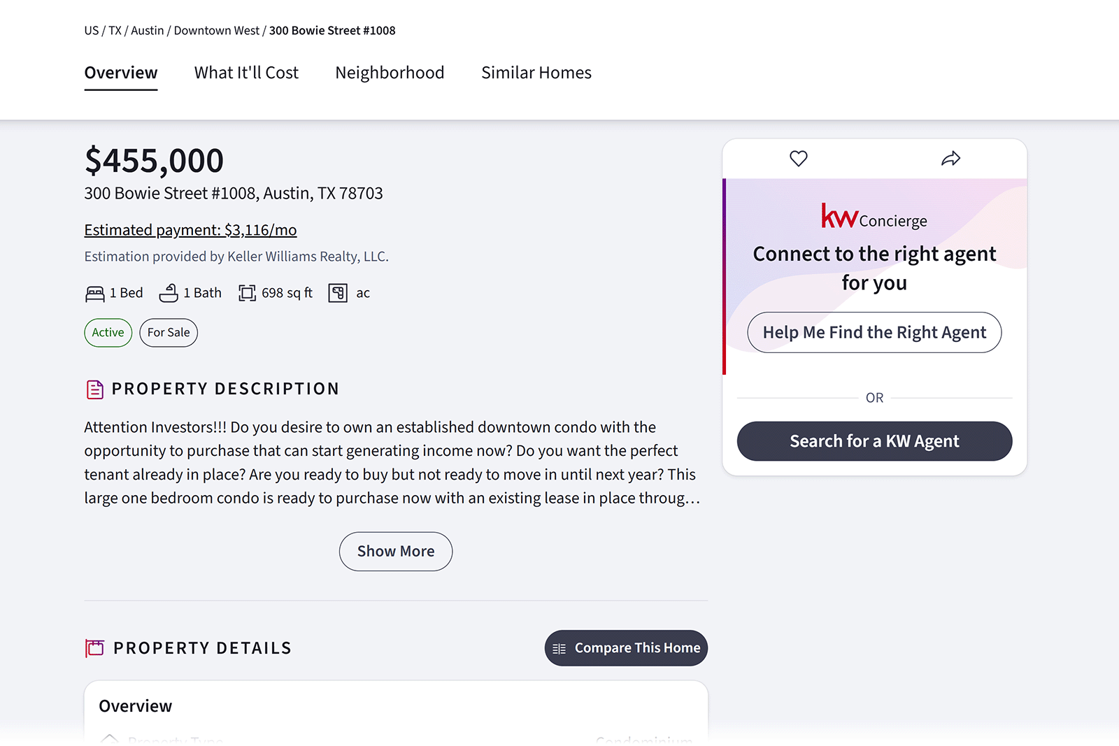 KW property listing page with price, address, details, and agent contact options displayed.