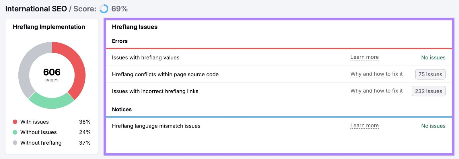 International SEO report on Site Audit showing Hreflang errors and notices a site could address to improve performance.